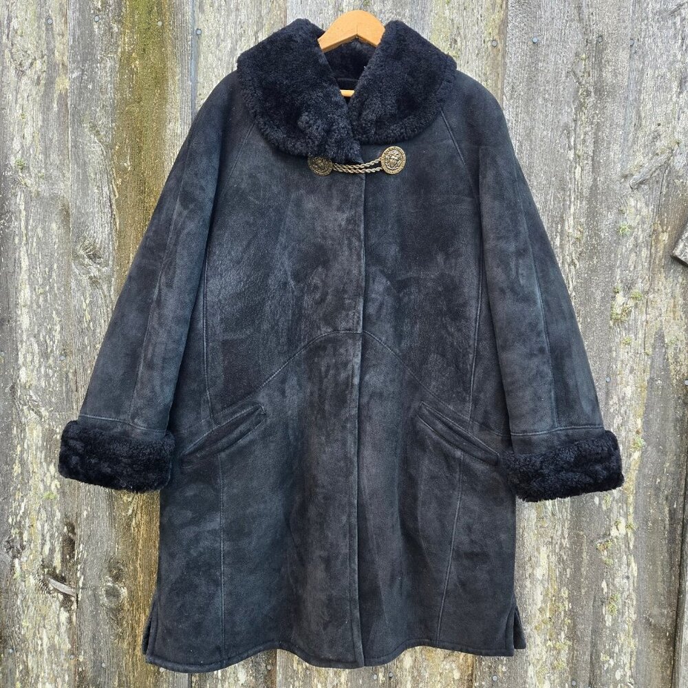 Vintage 80s Black Sheepskin Coat Womens Size M Mid Length Medusa Head Buttons